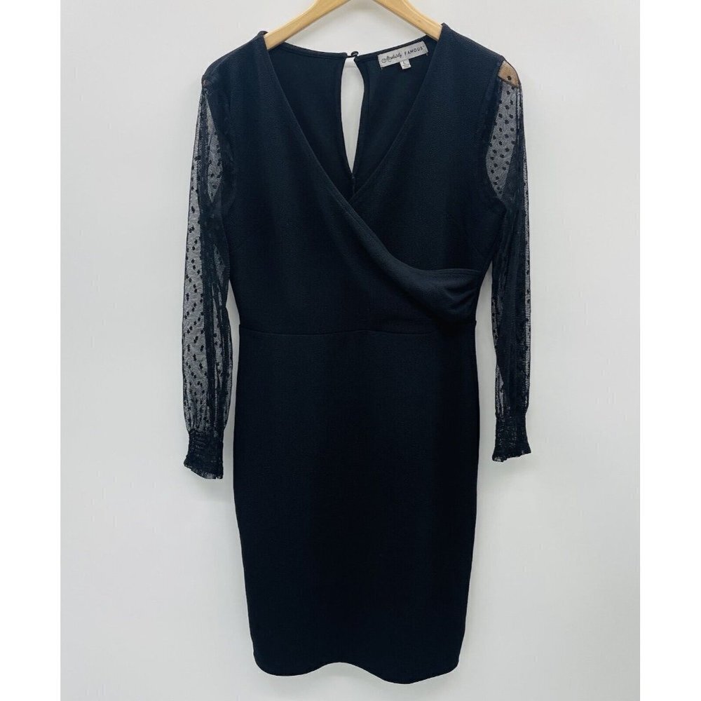Absolutely Famous Juniors Large Swiss Dot Mesh Sleeve Sheath Dress in‎ Black